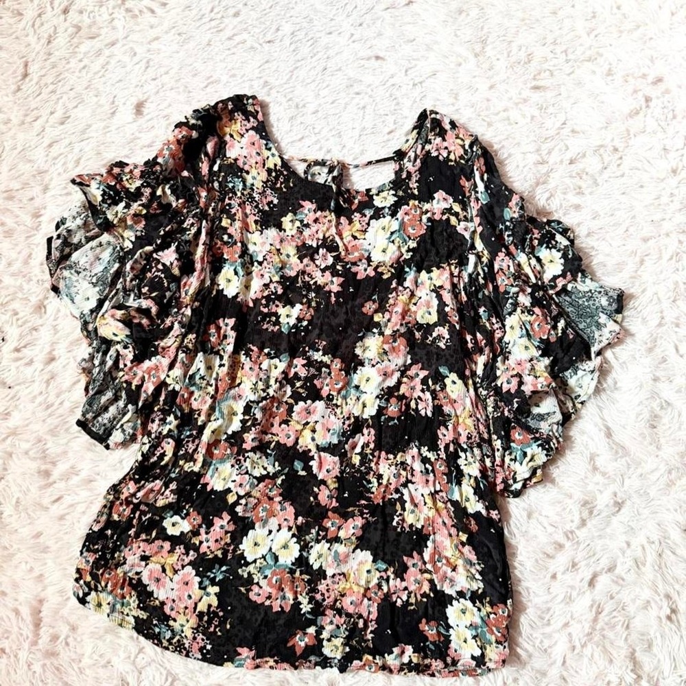 Dark Floral Ruffle Sleeve Witchy Earthy Boho Cottage Core Top Womens XL Festival